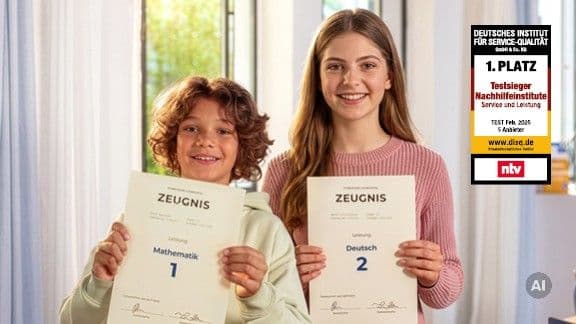 Ein Schüler und eine Schülerin halten ihre Zeugnisse mit den Noten 1 und 2 in die Kamera. Daneben ein Siegel von n-tv, was die Schülerhilfe als bestes Nachhilfeinstitut auszeichnet.