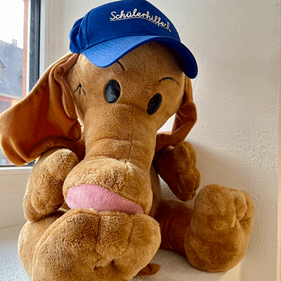 Maskottchen Kenzingen Das Maskottchen der Schülerhilfe Kenzingen - ein brauner Plüsch-Elefant mit Schülerhilfe-Mütze.