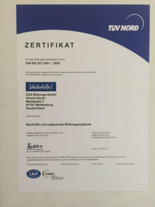 Schülerhilfe - Franchisenehmer - TÜV Zertifikat