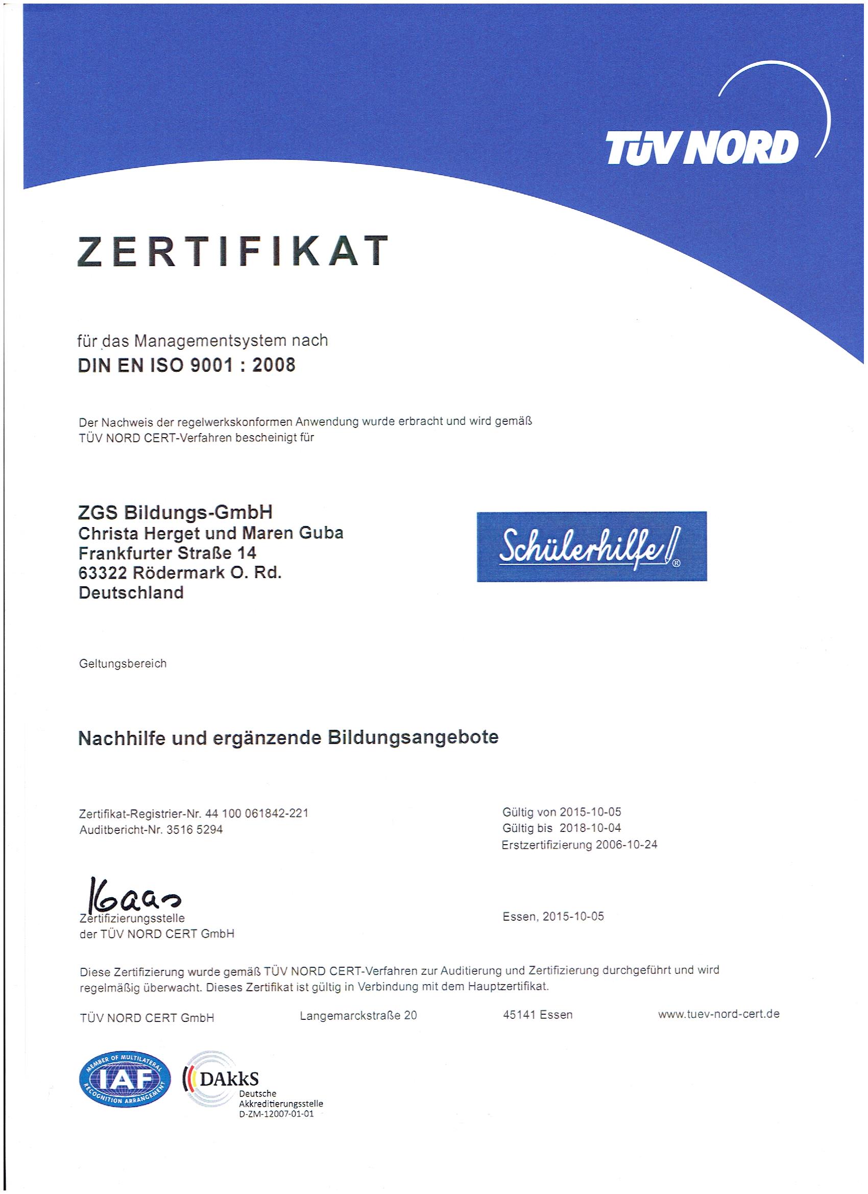 Schülerhilfe - Roedermark - TÜV Zertifikat